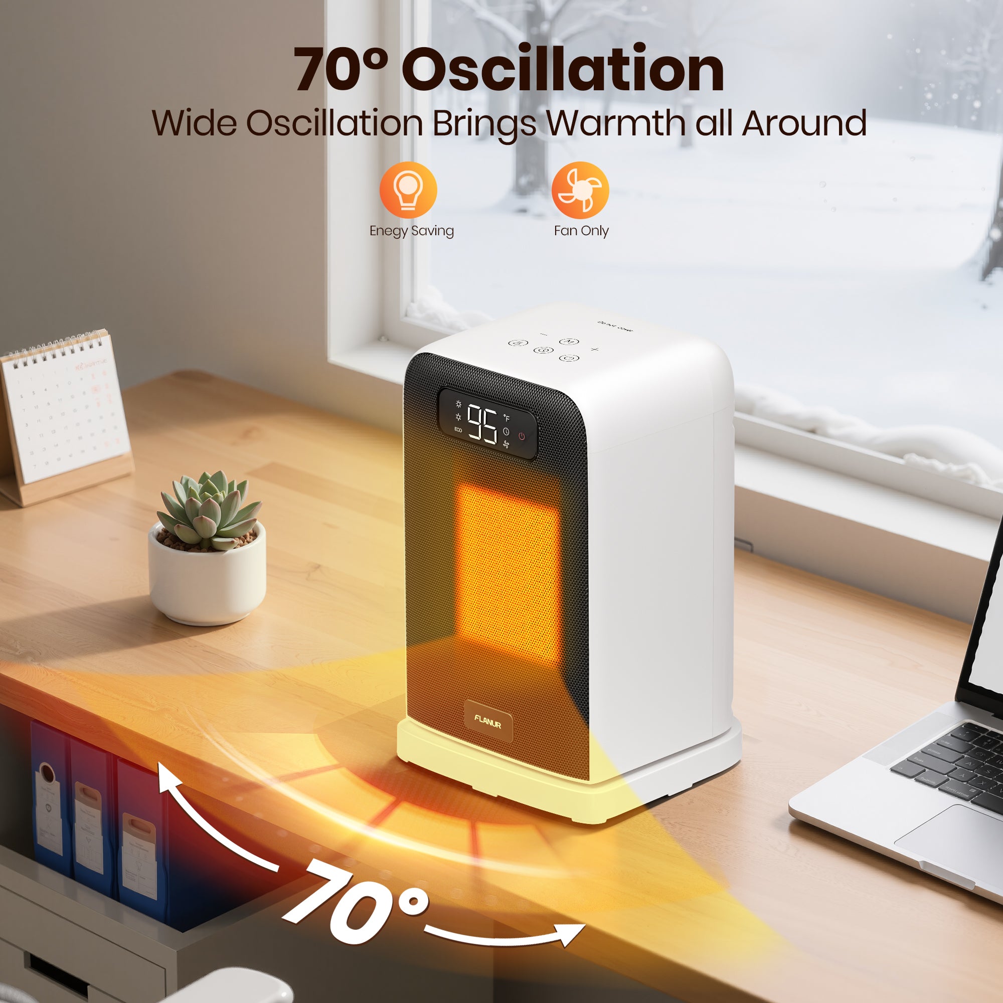 26CM FLANUR Portable Electric Space Heater with Thermostat,  ECO Mode - 2-in-1 Heater Fan, Remote, White