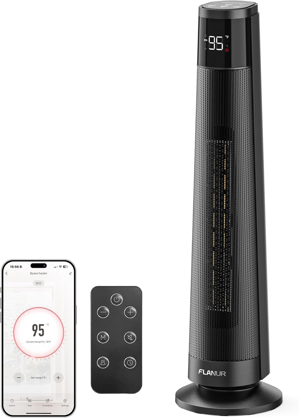 FLANUR  1500W PTC Ceramic Smart Space Heaters for Indoor Use, Portable Heater with Remote & App Control for Large Room, Office, Black, 1 Pack