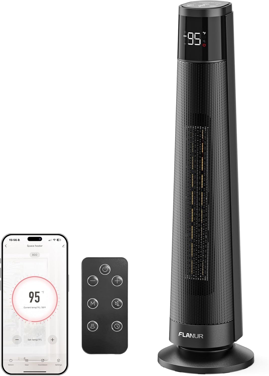 FLANUR  1500W PTC Ceramic Smart Space Heaters for Indoor Use, Portable Heater with Remote & App Control for Large Room, Office, Black, 1 Pack