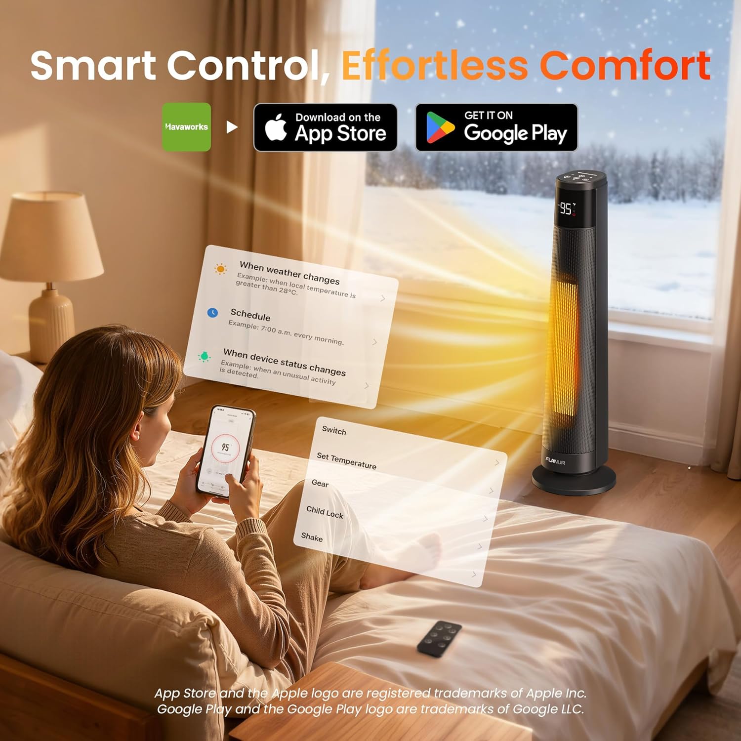 FLANUR  1500W PTC Ceramic Smart Space Heaters for Indoor Use, Portable Heater with Remote & App Control for Large Room, Office, Black, 1 Pack