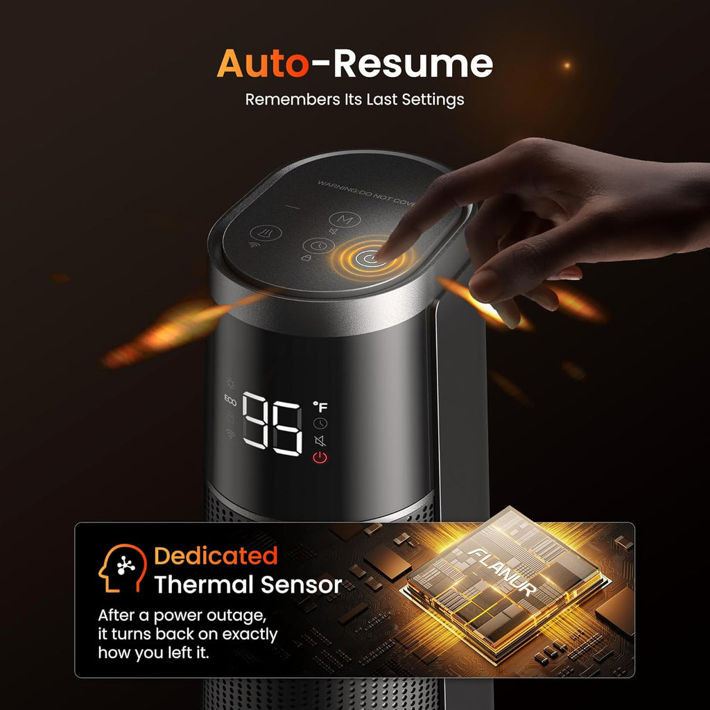 FLANUR  1500W PTC Ceramic Smart Space Heaters for Indoor Use, Portable Heater with Remote & App Control for Large Room, Office, Black, 1 Pack