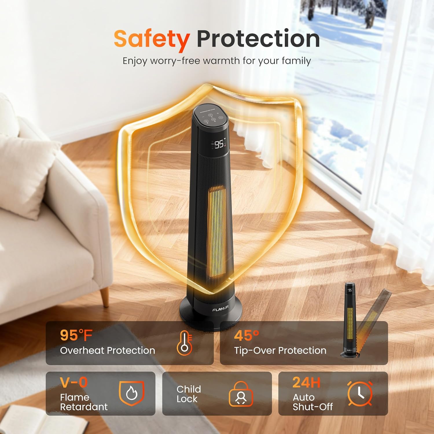 FLANUR  1500W PTC Ceramic Smart Space Heaters for Indoor Use, Portable Heater with Remote & App Control for Large Room, Office, Black, 1 Pack