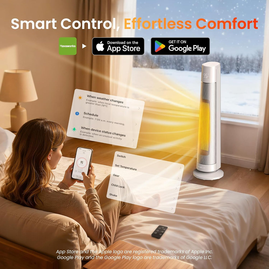 FLANUR 1500W PTC Ceramic Smart Space Heaters for Indoor Use, Portable Heater with Remote & App Control for Large Room, Office, Silver, 1 Pack