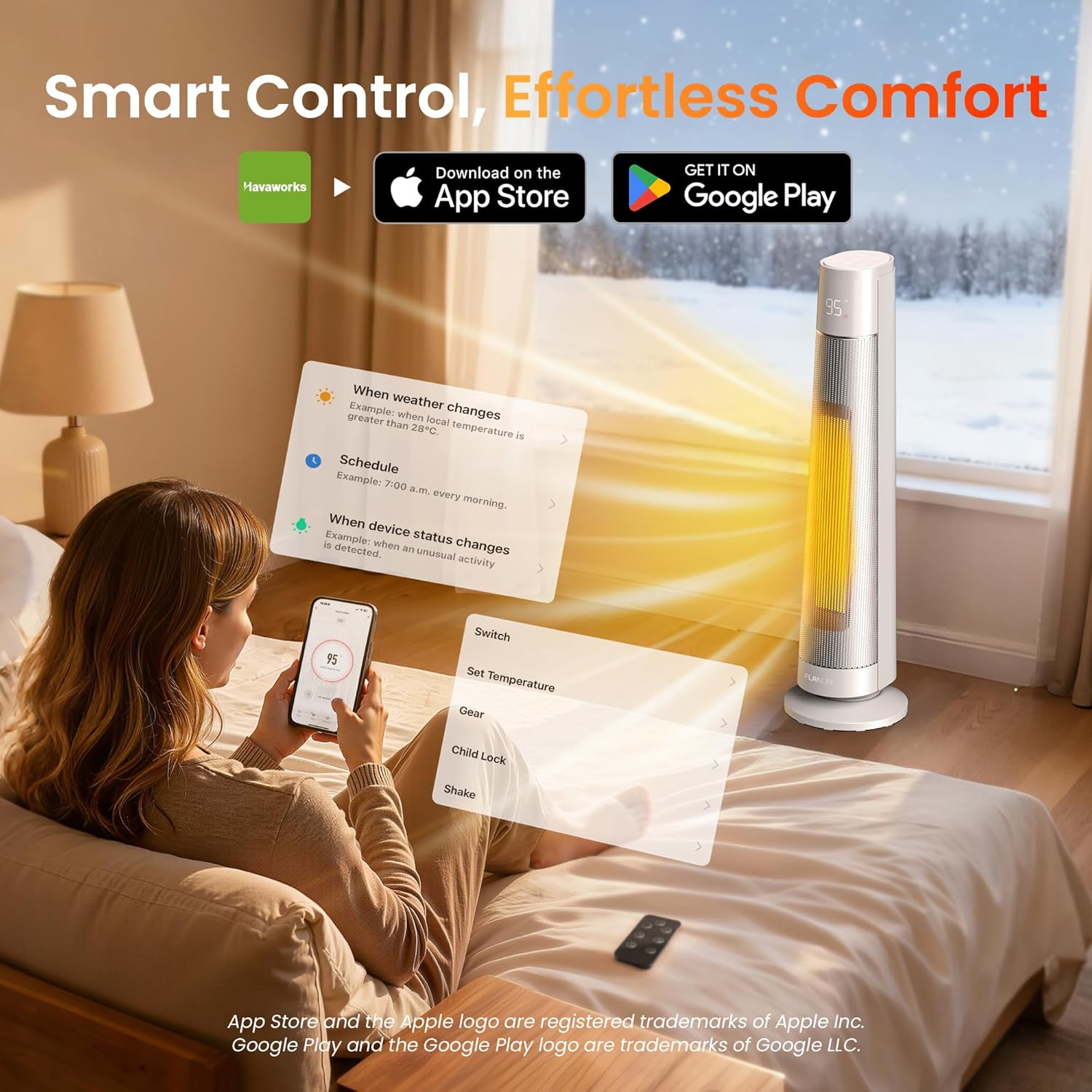 FLANUR 1500W PTC Ceramic Smart Space Heaters for Indoor Use, Portable Heater with Remote & App Control for Large Room, Office, Silver, 1 Pack