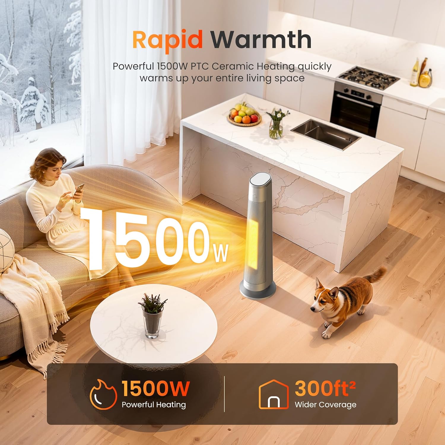 FLANUR 1500W PTC Ceramic Smart Space Heaters for Indoor Use, Portable Heater with Remote & App Control for Large Room, Office, Silver, 1 Pack