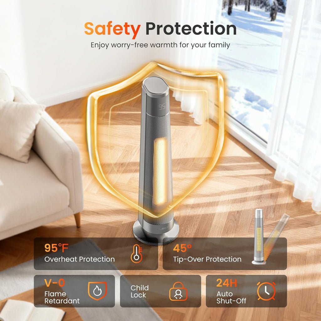 FLANUR 1500W PTC Ceramic Smart Space Heaters for Indoor Use, Portable Heater with Remote & App Control for Large Room, Office, Silver, 1 Pack