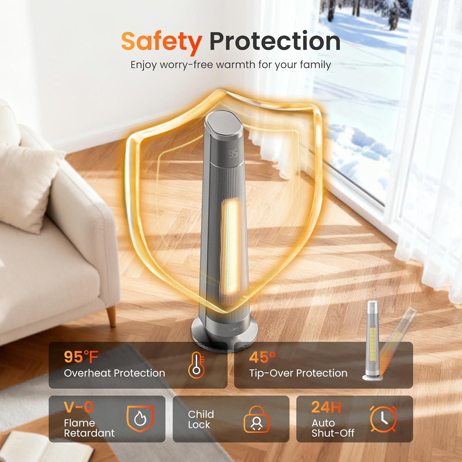 FLANUR 1500W PTC Ceramic Smart Space Heaters for Indoor Use, Portable Heater with Remote & App Control for Large Room, Office, Silver, 1 Pack